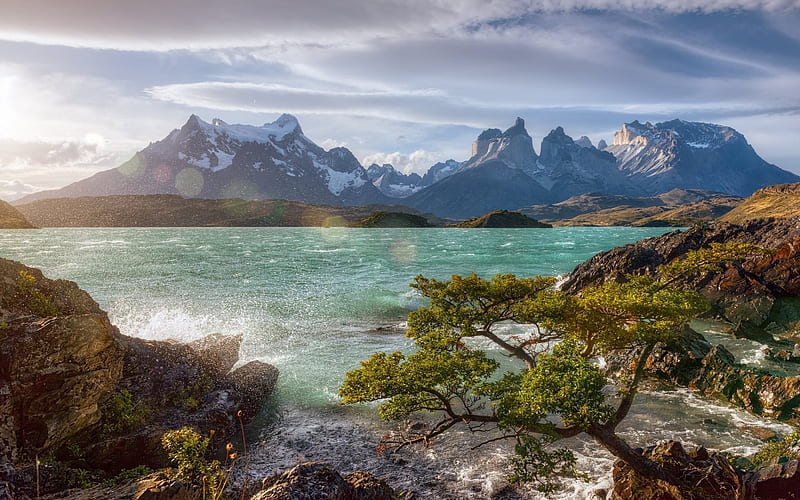 mountain, lake, morning, Lake Pehoe, Torres del Paine, Patagonia, Chile, South America, HD wallpaper