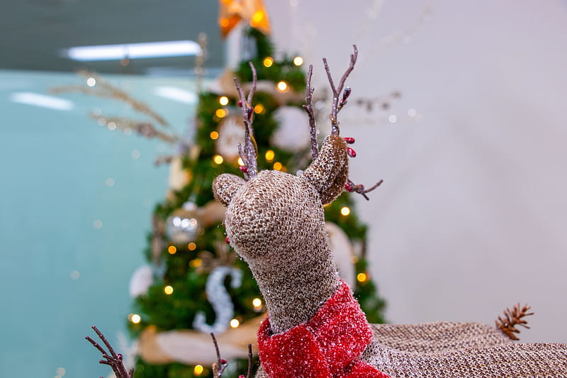 brown crochet deer near Christmas tree, HD wallpaper