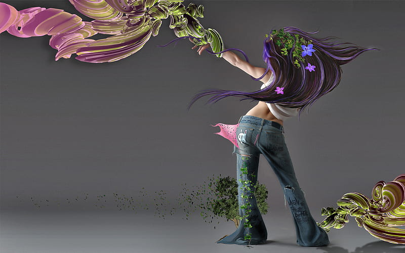 Fun is Essential, colorful, art, girl, jeans, manipulation, flowers, abstract, HD wallpaper