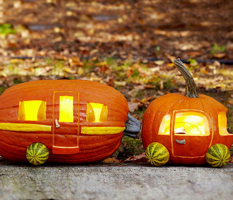 Car And Camper Pumpkins, Camper, Orange, Car, Pumpkins, HD wallpaper