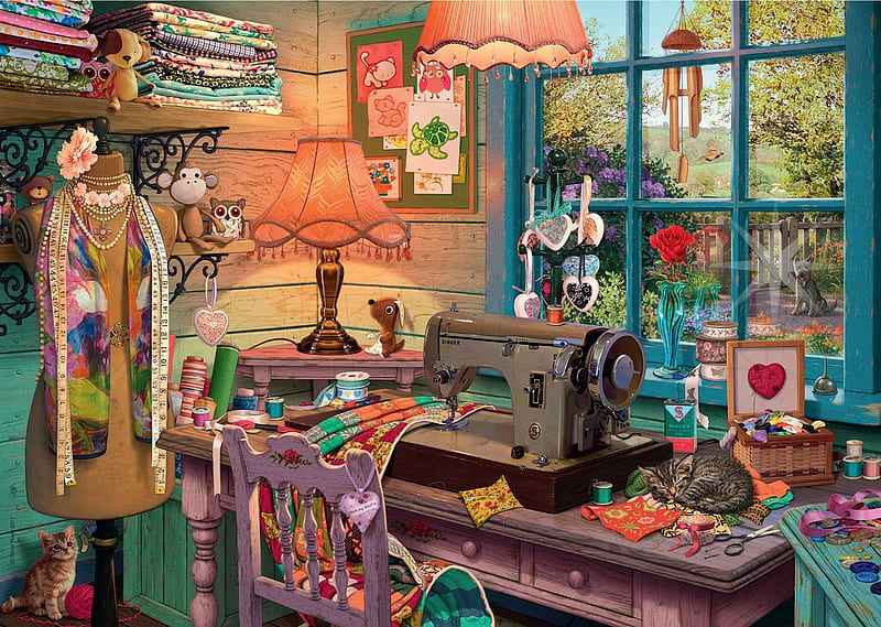 Grandma's Sewing Room, pretty, art, sewing, retro, fantasy, digital, vintage, HD wallpaper