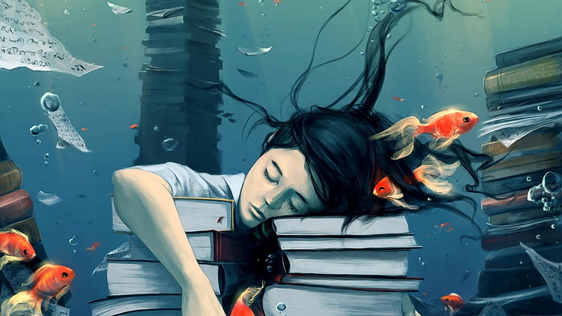 Dreaming....., hair, girl, books, dream, gold fishes, tired of studying, HD wallpaper