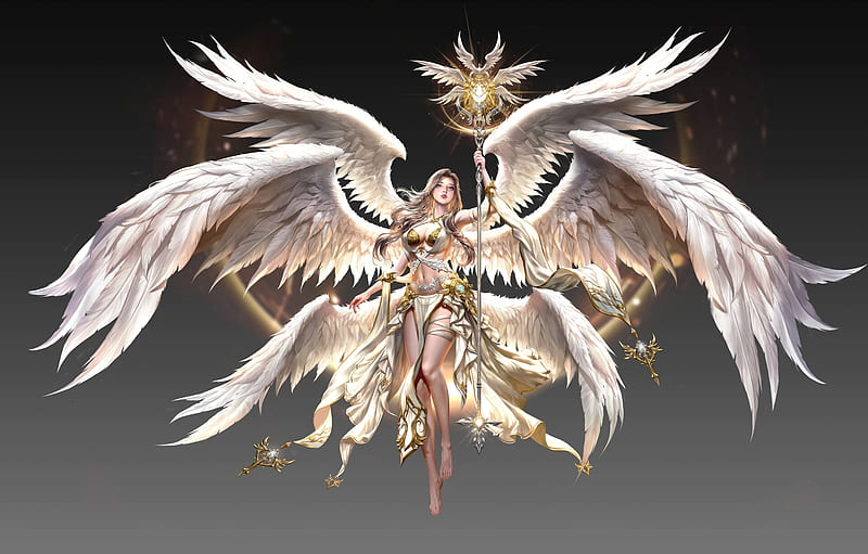 Angel, frumusete, wings, luminos, girl, jungmin jin dospi, white, fantays, league of angels, HD wallpaper