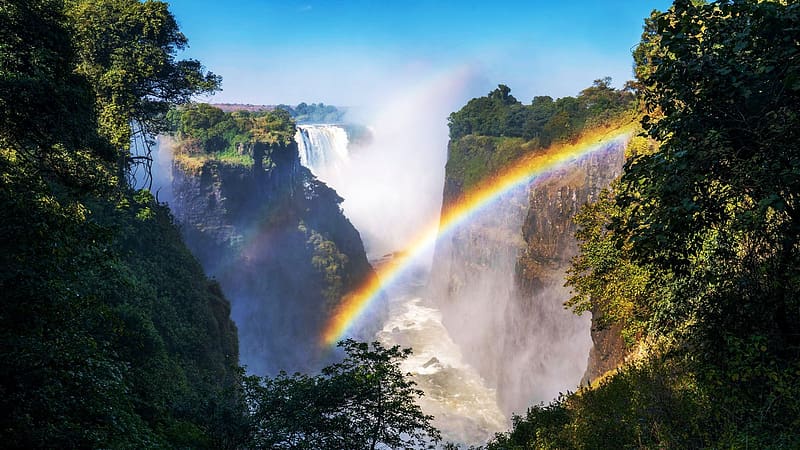 Late afternoon rainbow at Victoria Falls, Zimbabwe, rocks, river, landscape, waterfall, cascades, trees, HD wallpaper