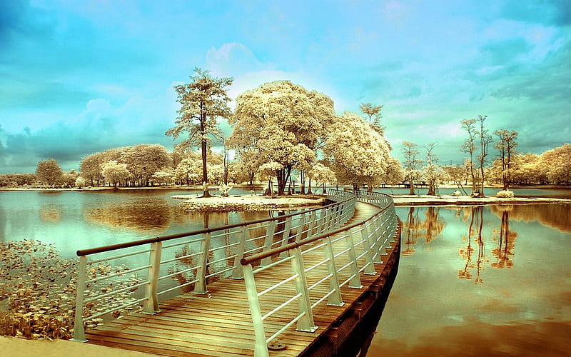 Bridge to the Island, renderized, nice, gold, creeks, wood, rivers, blue, amazing, guard-rail, gloden, lakes, , bridges, colors, sky, trees, winter, water, cool, plants, awesome, island, nature, white, HD wallpaper