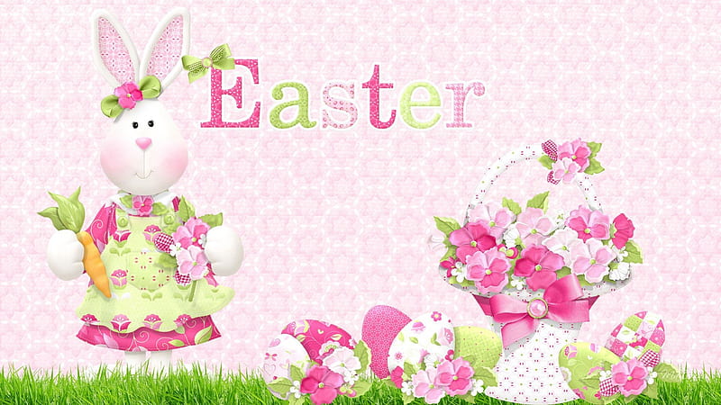 Sweet Easter Bunny Pink, colorful, rabbit, grass, children, sweet, cute, Easter, whimsical, fabric, eggs, flowers, quilitng, bunny, pink, HD wallpaper