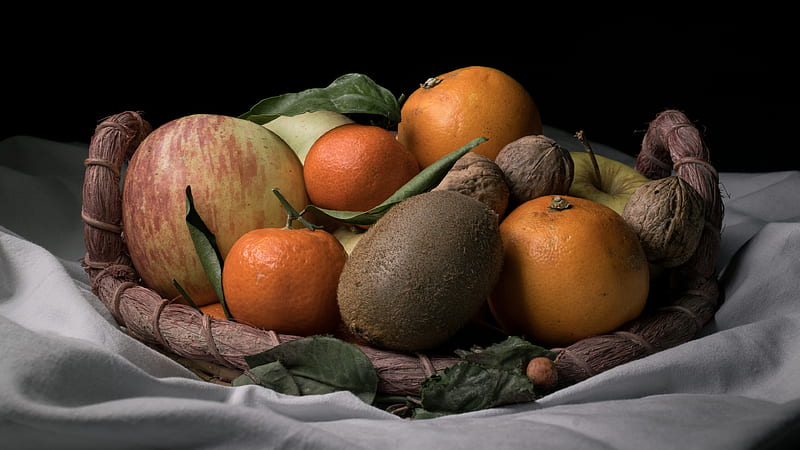 Food, Still Life, Apple, Kiwi, Mandarin, Walnut, orange (Fruit), HD wallpaper