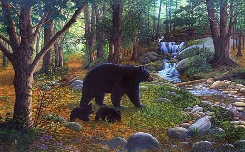 Early Morning, draw and paint, love four seasons, creek, attractions in dreams, waterfalls, paintings, black bears, summer, wildlife, cubs, bears, animals, HD wallpaper