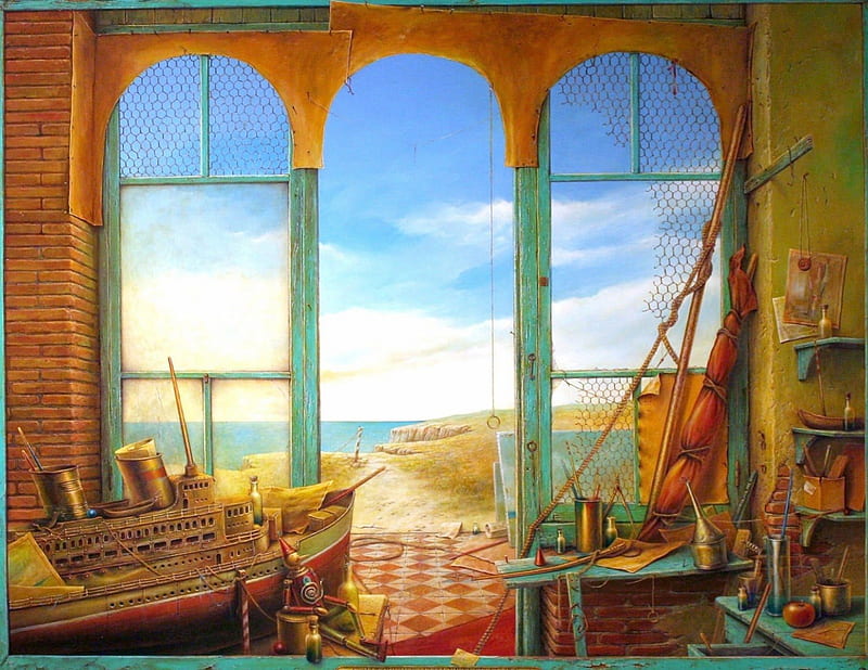 Beach Workshop, window, ship, utensils, painting, artwork, sea, door, HD wallpaper