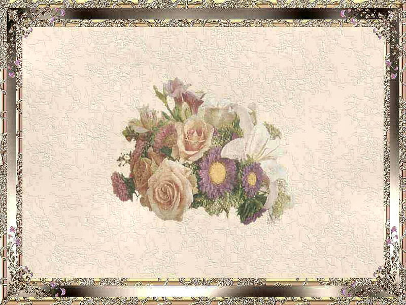 Peachy Bouquet 2, art, frame, floral, gold, bouquet, filligree, love, painting, flowers, nature, peach, HD wallpaper