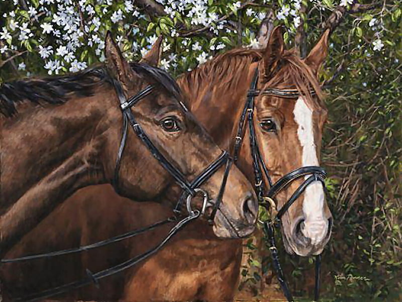 Friends Forever - Horses F1, art, painting, penner, kim penner, equine, horse, artwork, bridle, HD wallpaper