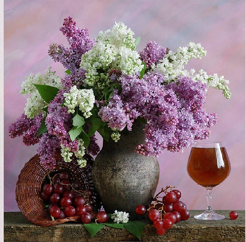 Grapes, wine and lilacs, grapes, still life, wine, flowers, lilacs, HD