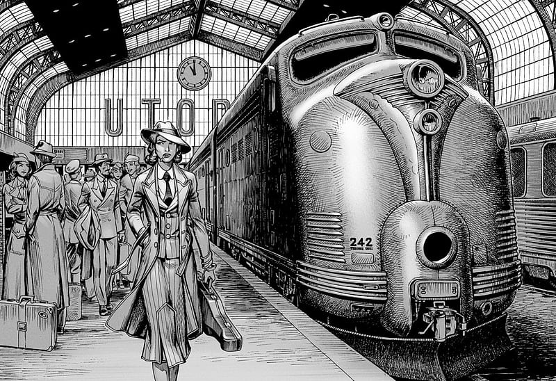 Arrival, retro, train, black and white, station, art deco, woman, HD wallpaper