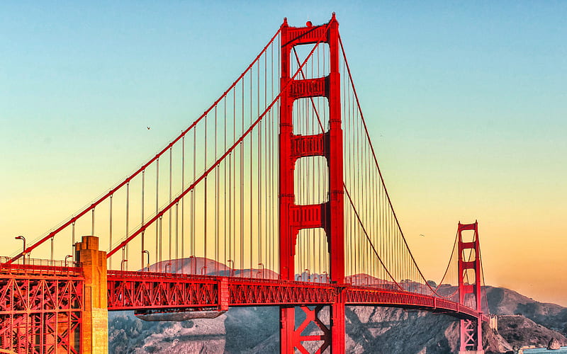 Golden Gate Bridge, evening, sunset, suspension bridge, San Francisco Bay, landmark, red bridge, San Francisco, California, USA, HD wallpaper