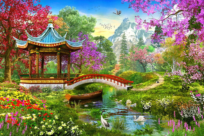 Oriental Garden, boat, bridge, mountains, birds, flowers, river, gazebo, artwork, digital, HD wallpaper