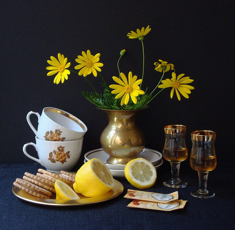 Yellow still life, home, glasses, yellow, vase, bonito, bronze, tea, elegant, still life, graphy, leaves, cookie, flowers, beauty, morning, cups, porcelain, dishes, china, golden, breakfast, abstract, lemon, decorative, bouquet, plate, petals, biscuites, white, ornament, HD wallpaper