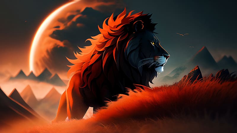 stable diffusion lion, animal, hills, artworks, red, grass, cat, lion, sun, HD wallpaper