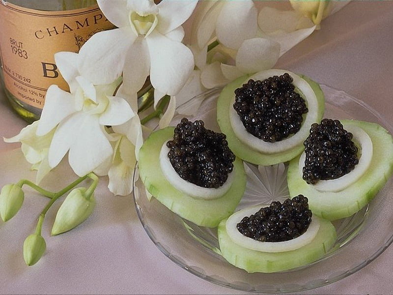 Caviar for Gourmets, food, eggs, flowers, plate, roe, champagne, savoury, HD wallpaper