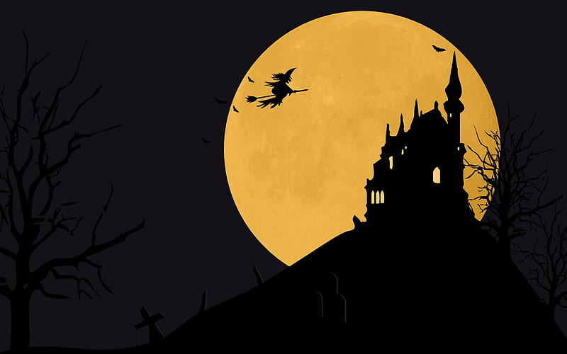 Halloween moon, witch, moon, halloween, black, castle, HD wallpaper