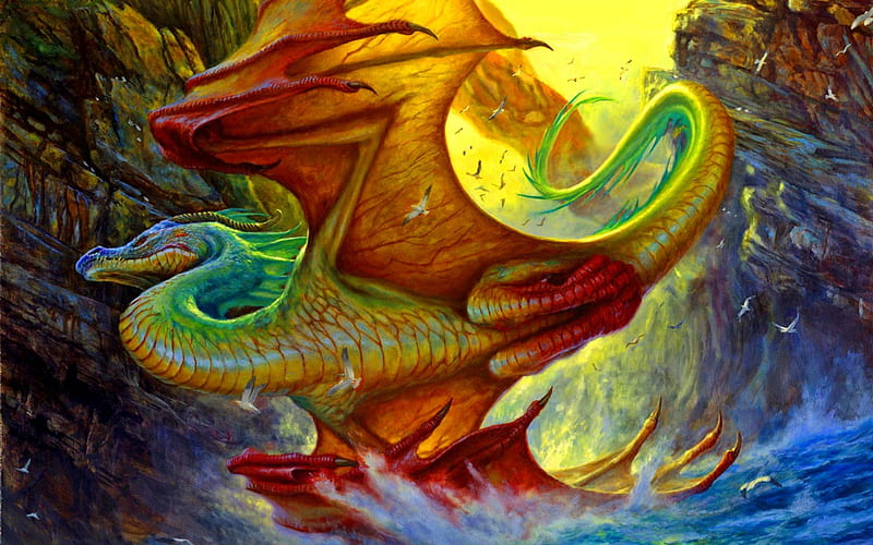 Cliff Diving, colors, fantasy, dragon, ocean, HD wallpaper