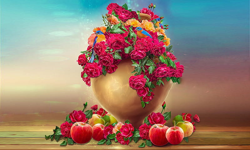 Apples and Flowers, lovely, apples, vibrant, Flowers, roses, floral, red, colorful, digital art, Vase, HD wallpaper