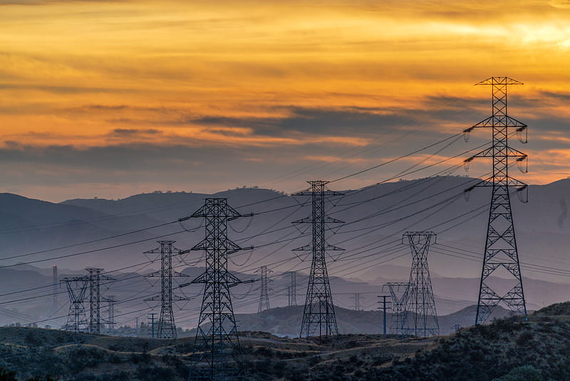 towers, wires, mountains, sky, sunset, HD wallpaper