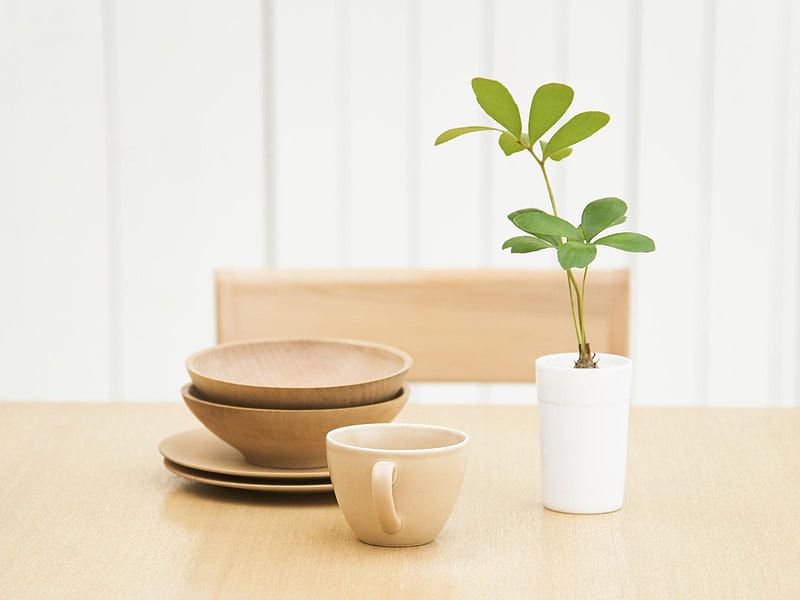 Japanese style (for Jasenka), table, brown, japanese, minimal, vase, still art, graphy, cup, flower, plate, chair, white, wood, style, HD wallpaper