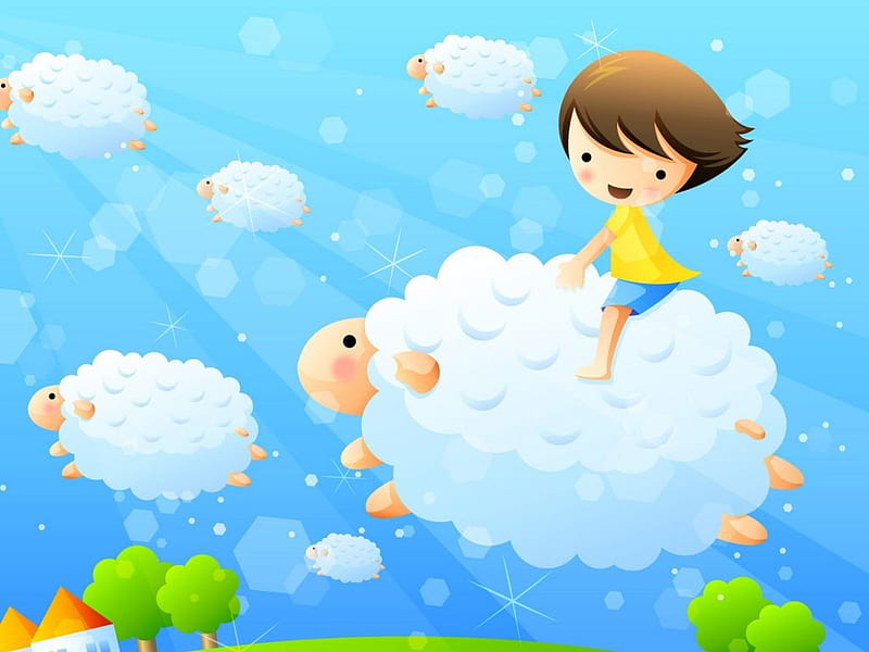 Flying on my sheep, fly, cloud, drawing, child, abstract, HD wallpaper