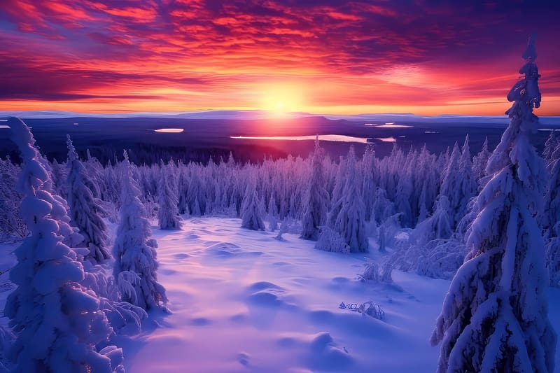 Winter solstice, sunset, purple, view, snow, sunrise, mountain, sky, clouds, winter, trees, HD wallpaper