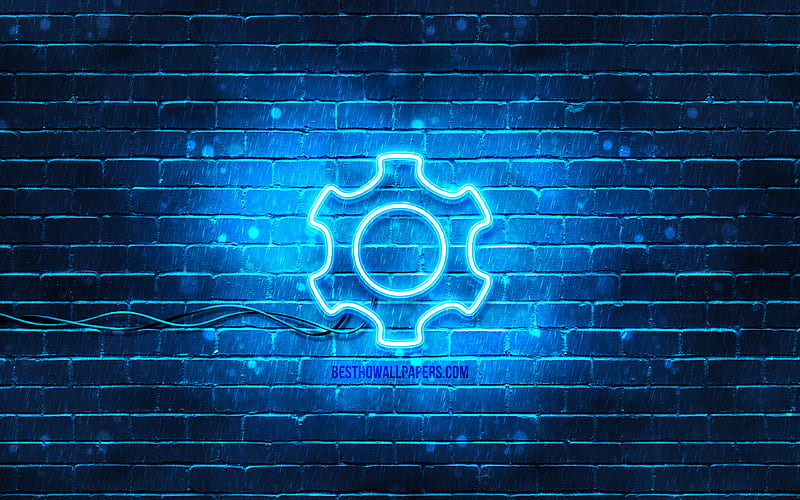 Gear neon icon blue background, neon symbols, Gear, neon icons, Gear sign, technology signs, Gear icon, technology icons, HD wallpaper
