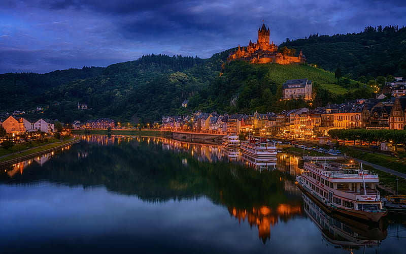 Reichsburg Cochem, Cochem, Moselle, evening, sunset, old castle, German castles, Germany, HD wallpaper