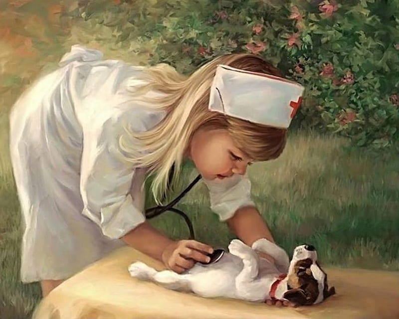 Little Miss Nurse, stethoscope, nurse, girl, cap, funny, puppy, HD wallpaper