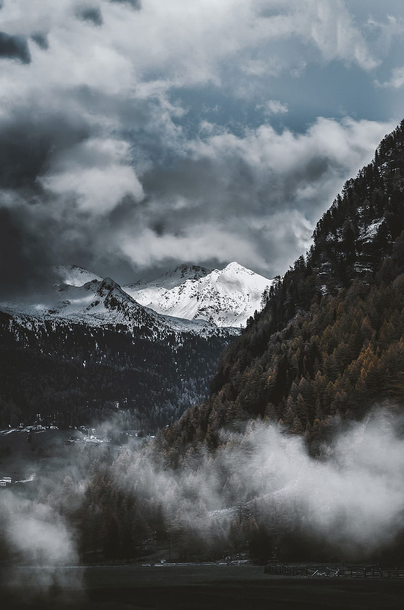 mountains, dark weather, snow line, fog, clouds, trees, Landscape, HD phone wallpaper