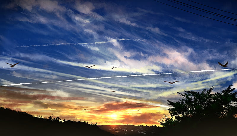 anime landscape, sunset, birds, sky, scenic, clouds, Anime, HD wallpaper