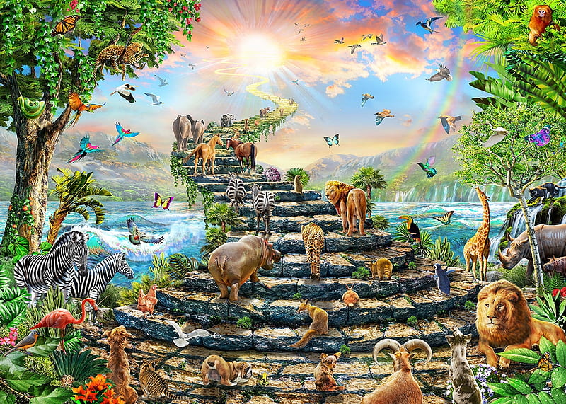 Heaven, animal, all, fantasy, adrian chesterman, stairs, sky, HD wallpaper