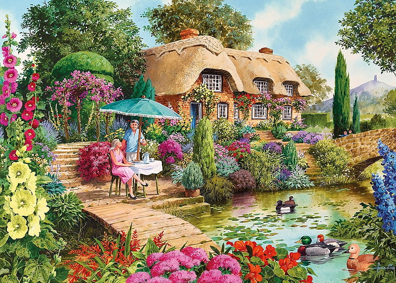 Le petit tresor, art, house, luminos, umbrella, john francis, lake, people, painting, summer, flower, pictura, HD wallpaper