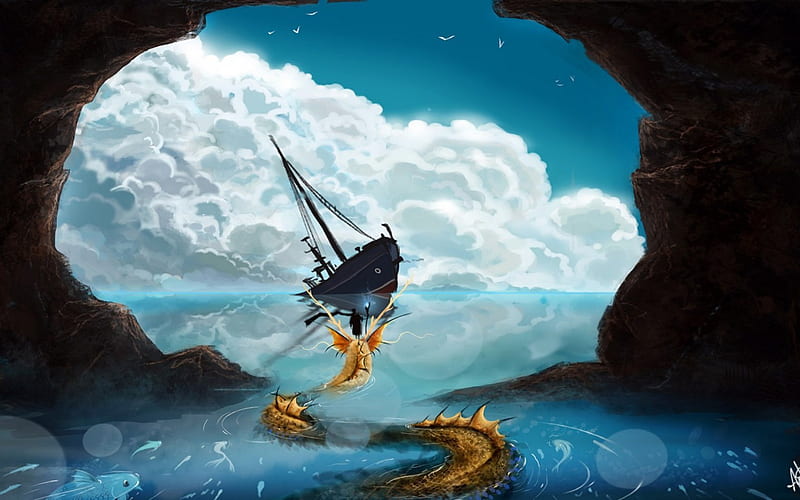 Water Dragon, art, cloud, ocean, game, black, dragon, sea, fantasy, water, marine, ship, monster, grotto, creature, blue, HD wallpaper