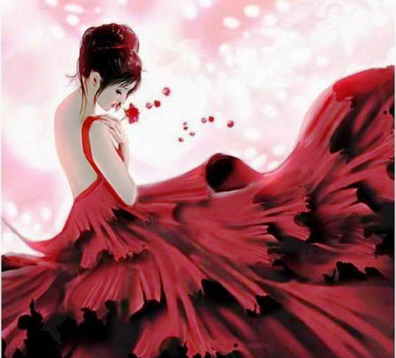 Girl in a red gown, red, nice, girl, gown, HD wallpaper