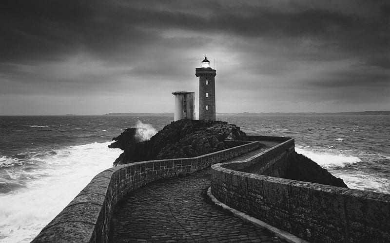 stone path to a lighthouse on a point, point, stones, black and white, path, lighthouse, sea, HD wallpaper