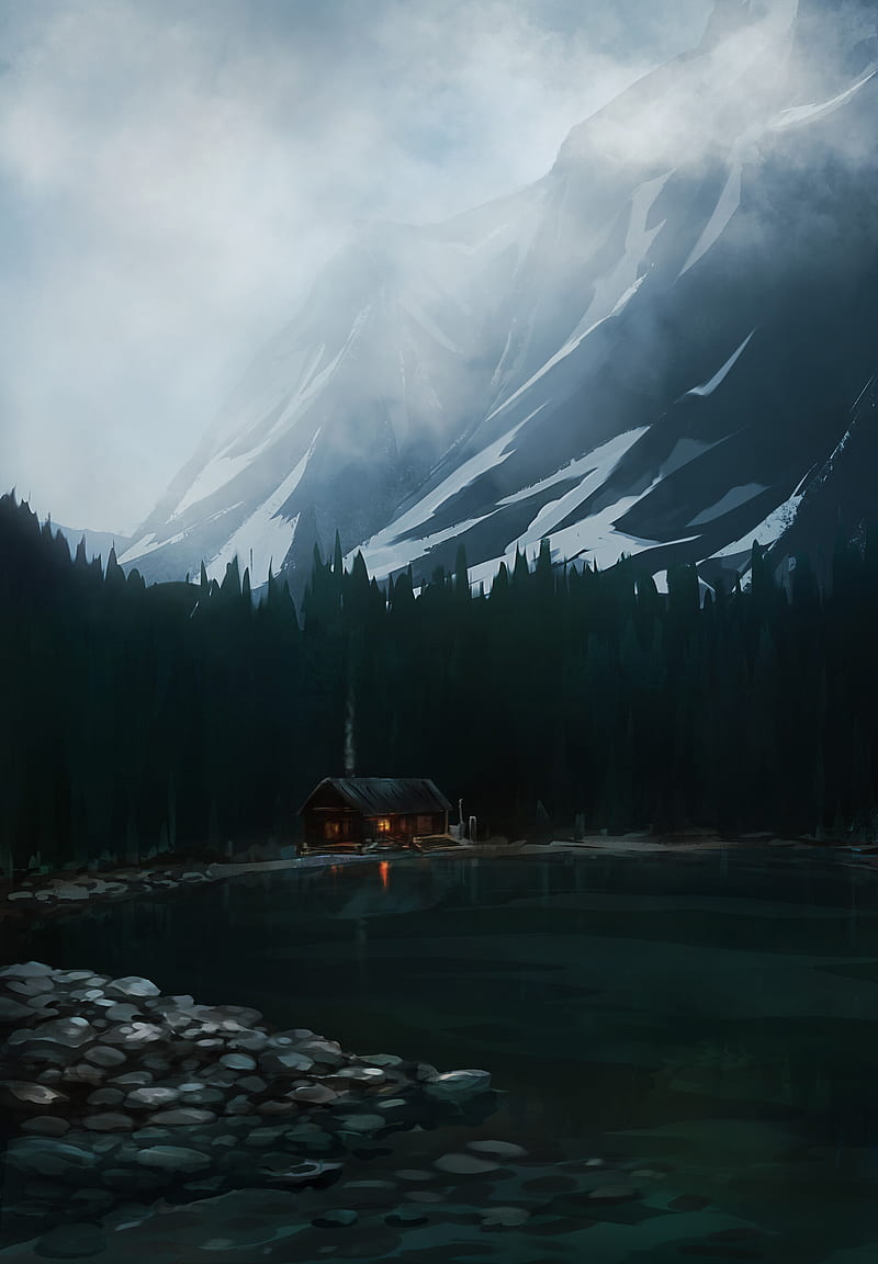 house, lake, forest, mountain, art, HD phone wallpaper