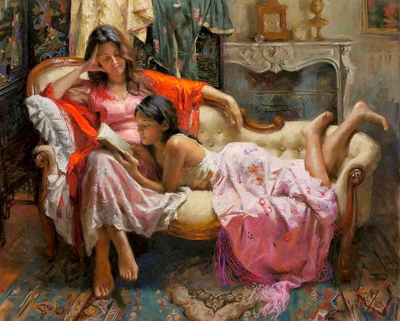 Time for reading a book, art, luminos, orange, vicente romero redondo, woman, mother, girl, painting, copil, child, pictura, sofa, pink, HD wallpaper