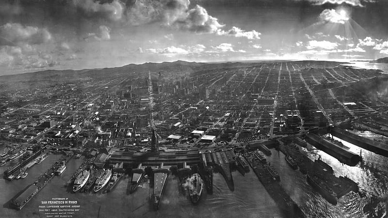 vintage aerial view of san farncisco waterfront, city, waterfront, view, arial, black and white, vintage, HD wallpaper