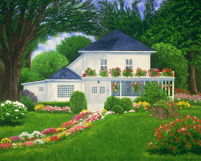 The Farmhouse, cottage, painting, flowers, garden, trees, artwork, HD wallpaper