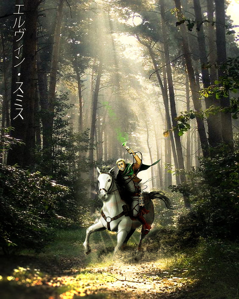 Erwin Smith , anime, aot, attack on titan, erwin smith, forest, gun, horse, japan, nature, HD phone wallpaper
