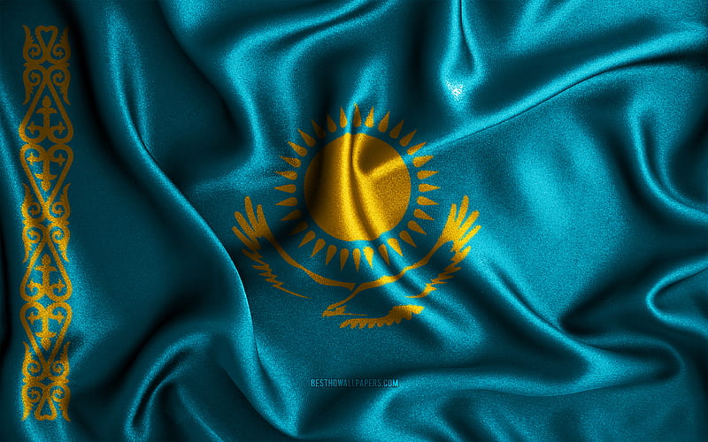 Kazakh flag silk wavy flags, Asian countries, national symbols, Flag of Kazakhstan, fabric flags, Kazakhstan flag, 3D art, Kazakhstan, Asia, Kazakhstan 3D flag, HD wallpaper