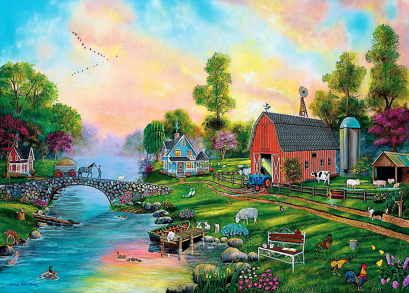 Bridge to the Farm, tractor, pier, houses, cart, trees, horse, barn, sheeps, pigs, boat, painting, river, dogs, cows, HD wallpaper