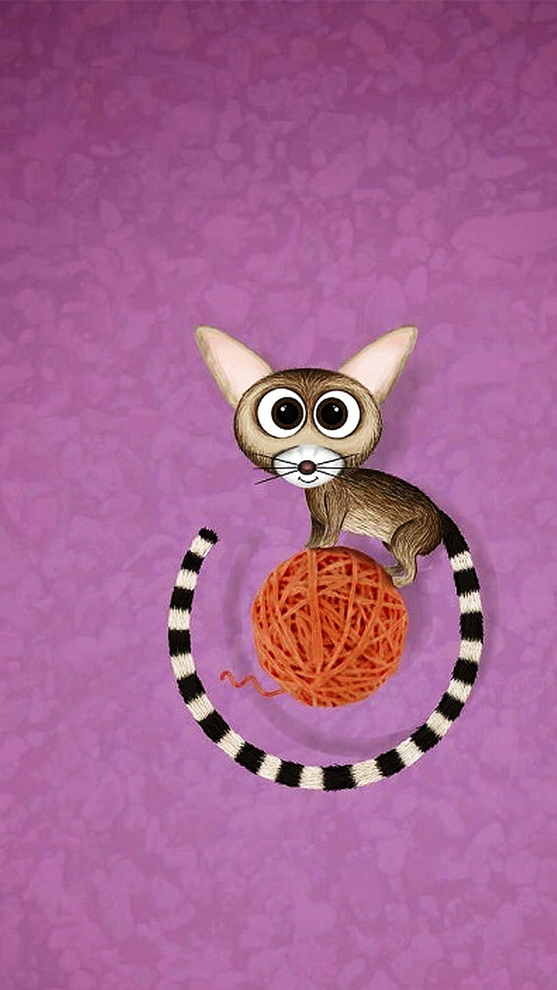 cat with wool, abstract, art, cartoon, drawing, eyes, funny, purple, yarn, HD phone wallpaper