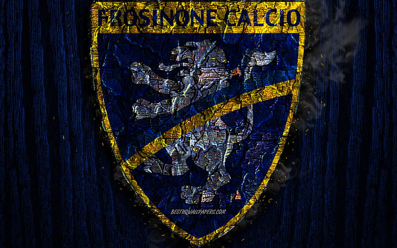 Frosinone FC, scorched logo, Serie A, blue wooden background, italian football club, Frosinone Calcio, grunge, football, soccer, Frosinone logo, fire texture, Italy, HD wallpaper