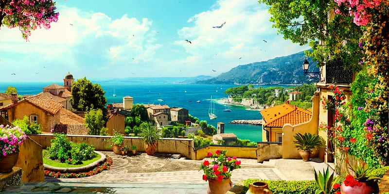 Coastal view, mediterraneo, shore, view, houses, town, bonito, sky, que ...