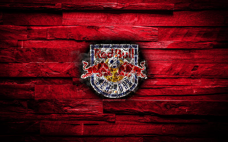 New York Red Bulls FC scorched logo, MLS, purple wooden background, american football club, Eastern Conference, grunge, NY Red Bulls, soccer, New York Red Bulls logo, fire texture, USA, HD wallpaper